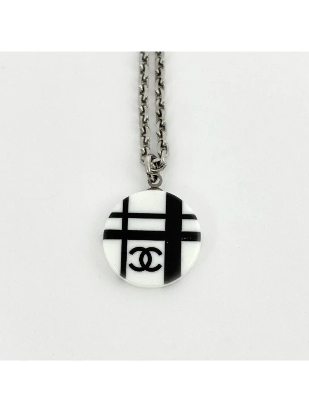Chanel CC Logo Necklace Silver Plated Plastic White
